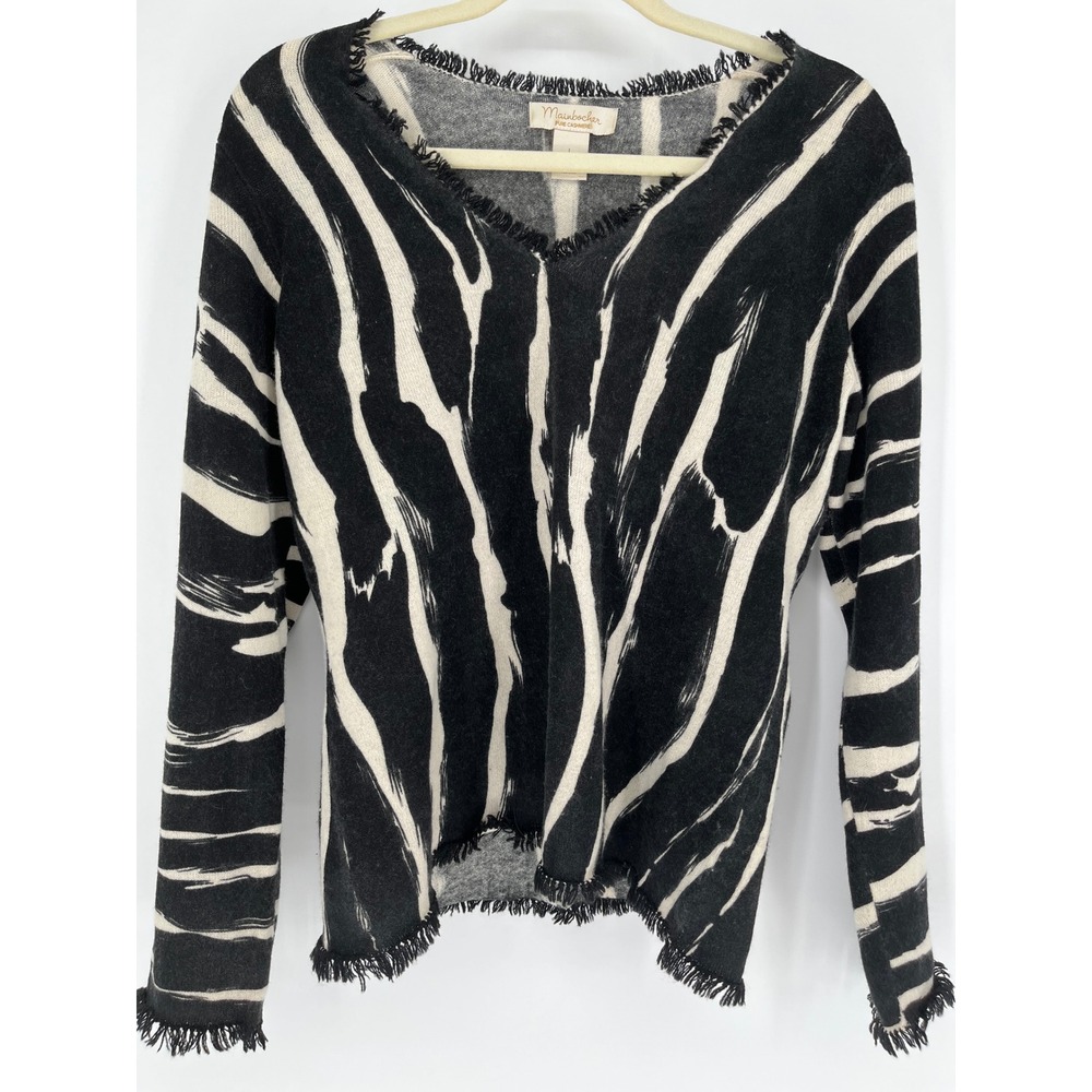 Mainbocher Pure Cashmere Sweater V-neck Large Black White Zebra Print Fringed LS